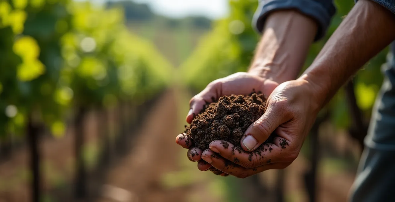 Mains d'un vigneron tenant de la terre bourguignonne riche et texturée