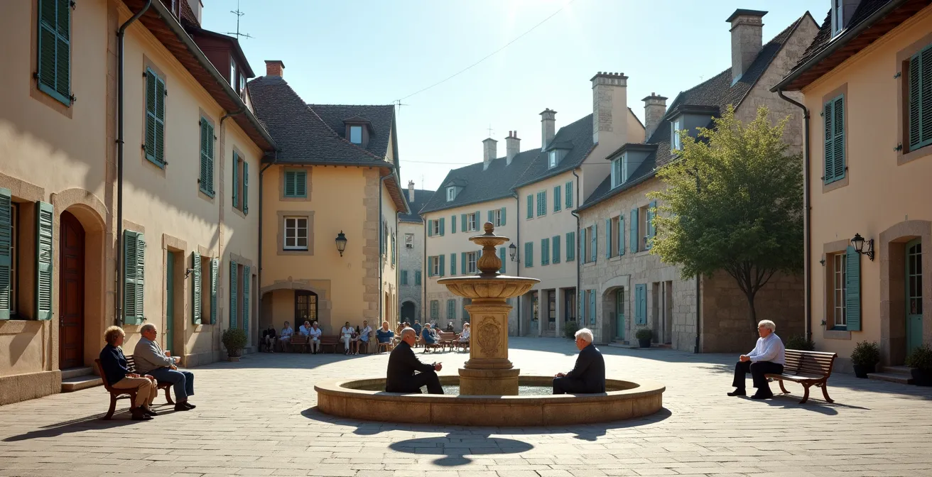 Place de village bourguignon animée avec terrasses de café et habitants discutant