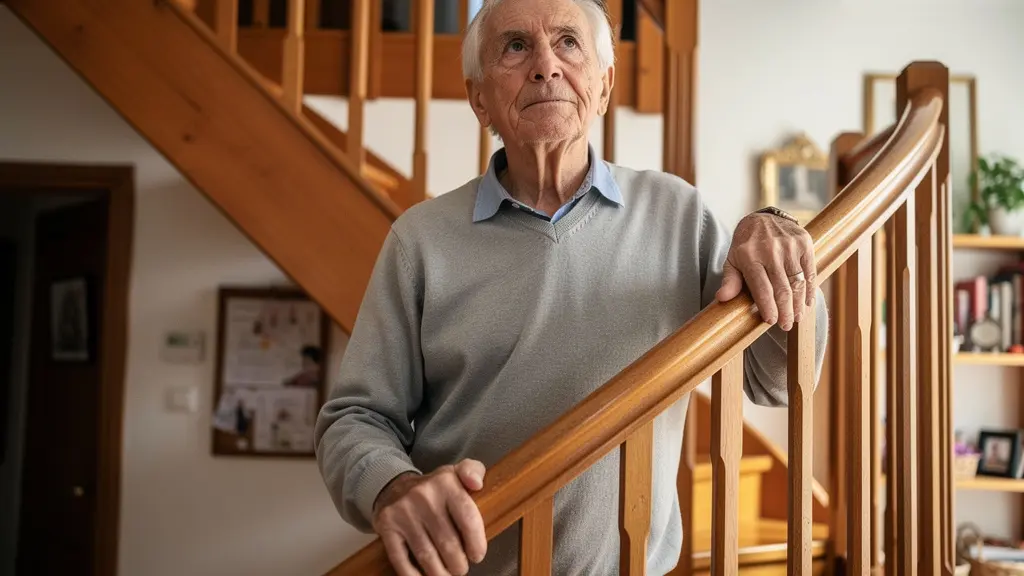 Homme âgé debout en bas de son escalier, main sur la rampe, regard pensif vers le haut
