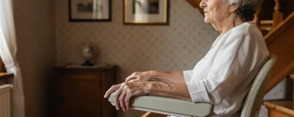 Femme âgée utilisant un monte-escalier dans son escalier en bois, expression sereine