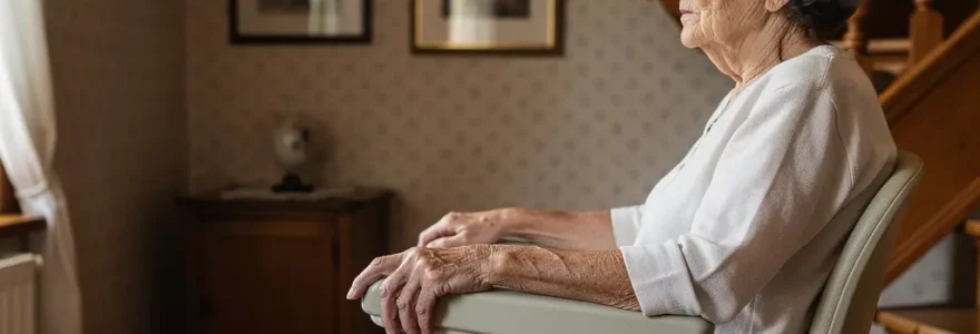 Femme âgée utilisant un monte-escalier dans son escalier en bois, expression sereine