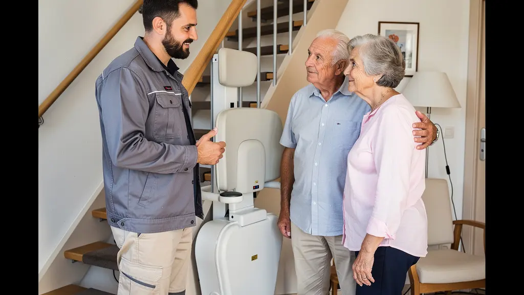 Technicien présentant un monte-escalier à un couple de seniors dans leur maison