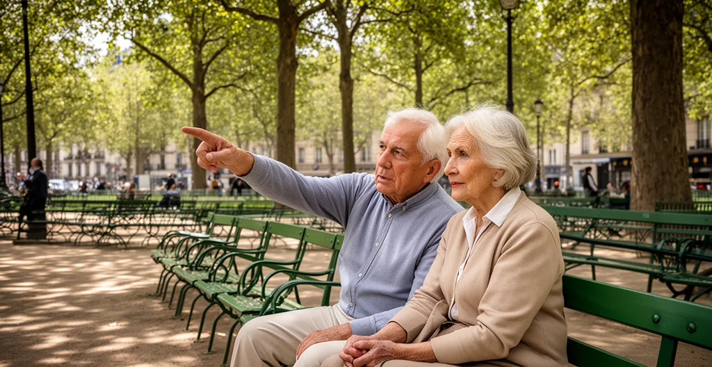 Couple de seniors assis sur un banc dans un parc parisien observant la vie citadine