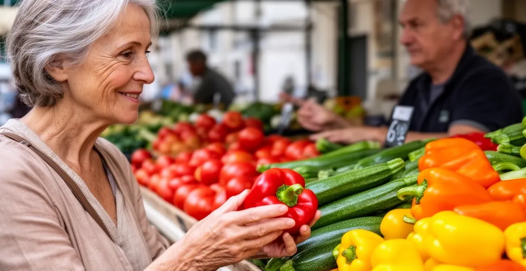 Senior parisienne discutant avec un commerçant au marché de quartier