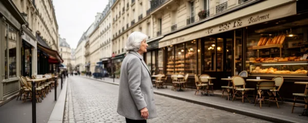 Senior parisienne se promenant dans une rue typique avec commerces de quartier