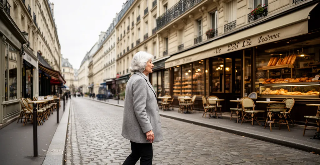 Senior parisienne se promenant dans une rue typique avec commerces de quartier