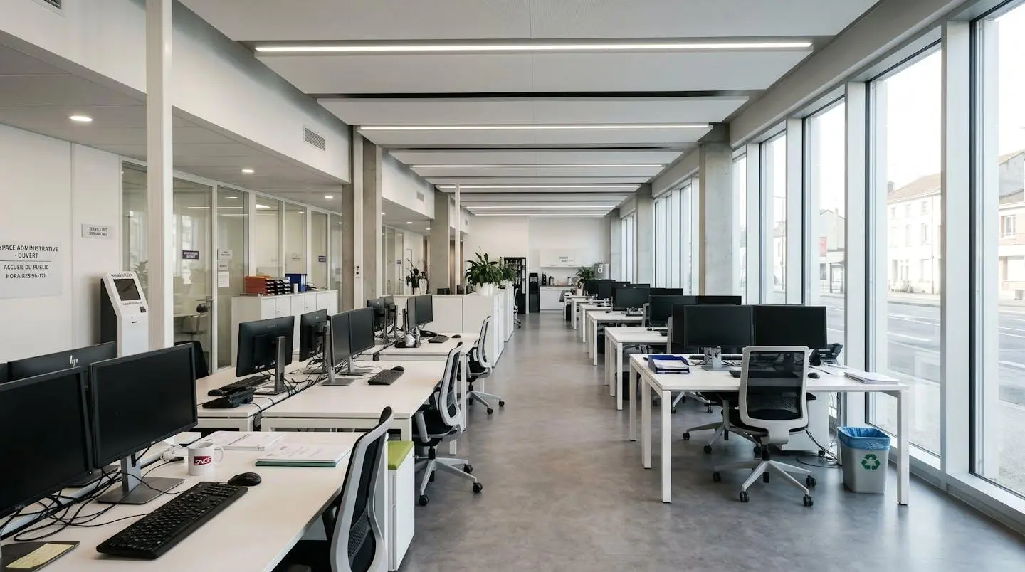 Vue grand angle d'un bureau moderne de service administratif français vide avec lumière naturelle abondante
