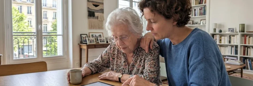 Une femme d'âge mûr et une personne âgée consultent ensemble des documents sur une tablette dans un salon moderne lumineux