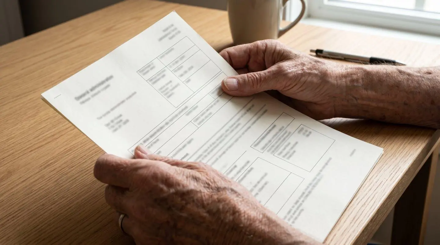 Gros plan sur des mains de personne âgée tenant un document administratif, focus sur les mains et le papier avec arrière-plan flouté