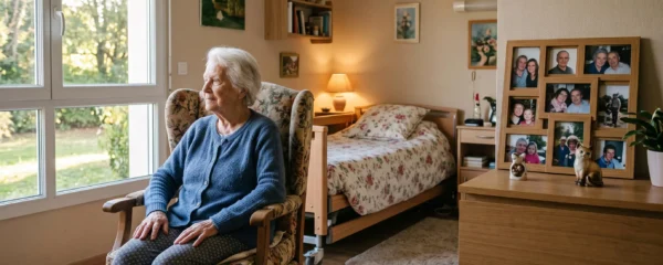 Résidente âgée assise dans son fauteuil personnel près de la fenêtre de sa chambre personnalisée en EHPAD, entourée de photos de famille et objets familiers