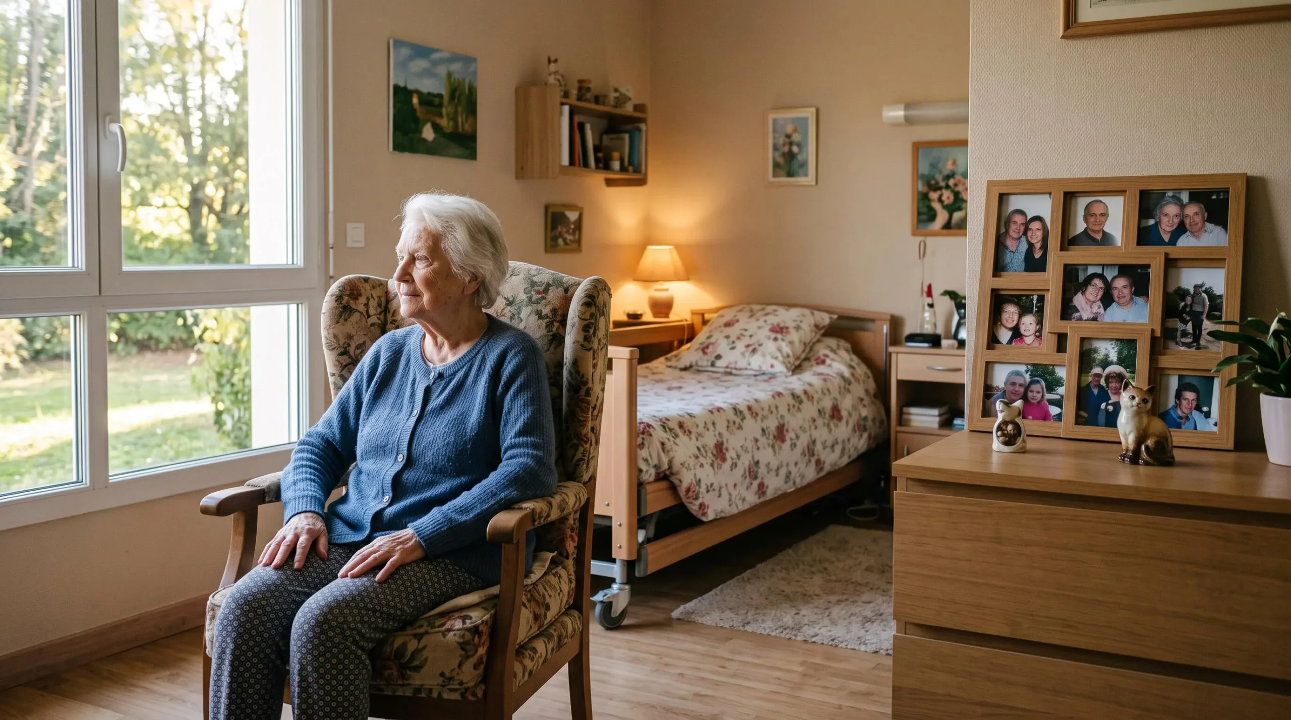 Résidente âgée assise dans son fauteuil personnel près de la fenêtre de sa chambre personnalisée en EHPAD, entourée de photos de famille et objets familiers