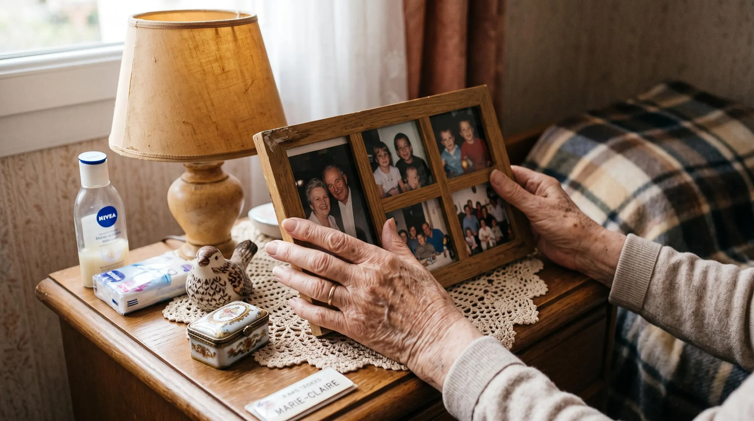 Mains âgées touchant un cadre photo familial sur une commode personnalisée avec objets significatifs et lampe familière