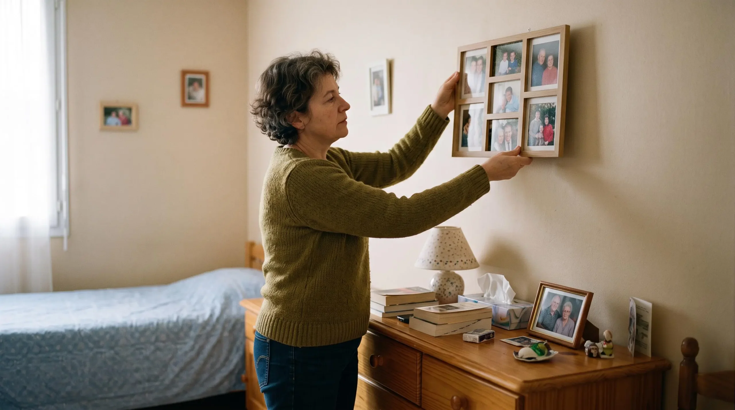 Adulte accrochant des cadres photos au mur d'une chambre d'EHPAD lors de l'installation d'objets personnels